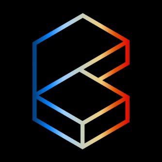 A stylized geometric logo resembling a 3D angular 'B' or hexagonal shape with a gradient transitioning from blue to red on a black background.
