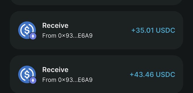 A transaction history interface displaying two 'Receive' transactions of USDC, showing amounts of '+35.01 USDC' and '+43.46 USDC' both received from the address '0×93...E6A9'.