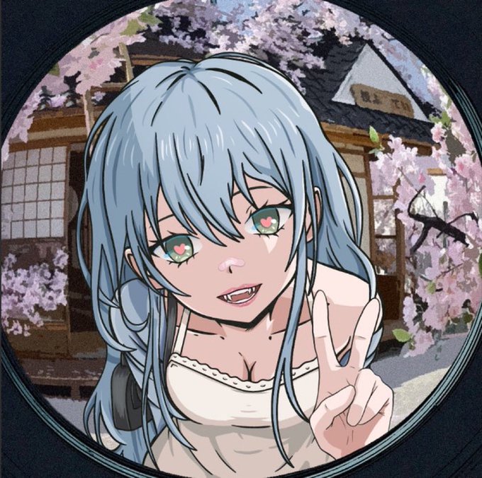 Anime-style illustration of a blue-haired girl with green eyes making a peace sign, framed in a circle with cherry blossoms and a traditional Japanese building in the background.