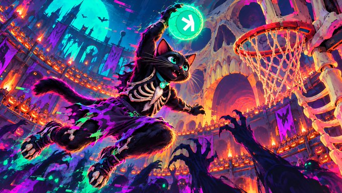 A vibrant, colorful digital artwork featuring a black cat with skeleton markings dunking a glowing green basketball with the Pi Network logo, set in a spooky, neon-lit arena.