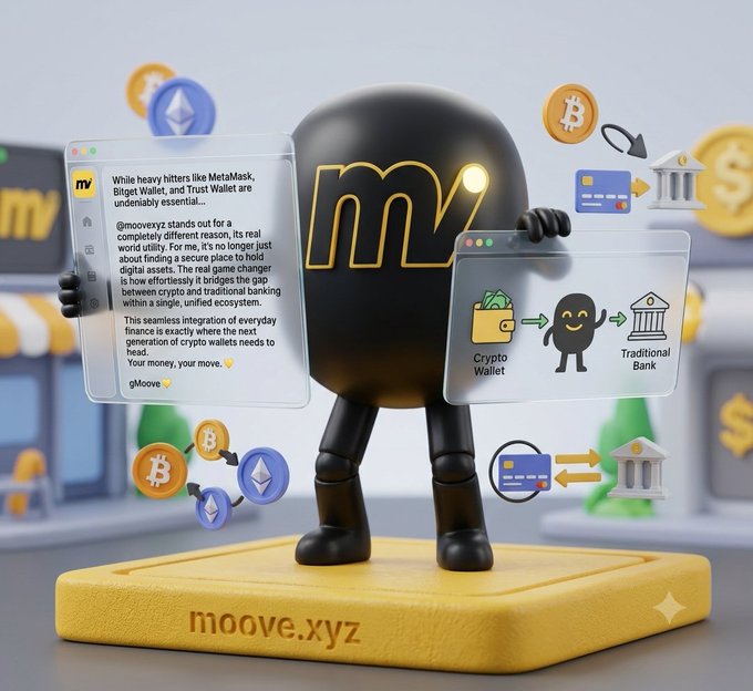 A promotional 3D render for 'moove.xyz' featuring a black mascot character holding UI cards about crypto wallets and traditional banks, standing on a yellow base with floating cryptocurrency symbols.