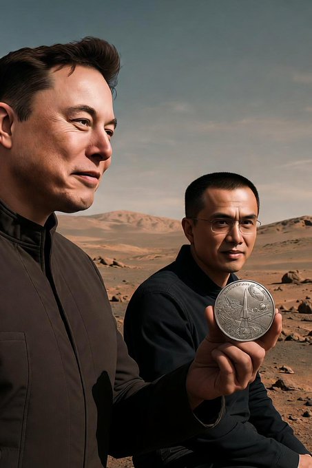 A digitally edited image showing Elon Musk and Changpeng Zhao (CZ) in a desert landscape, with CZ holding up a silver coin featuring a rocket design.