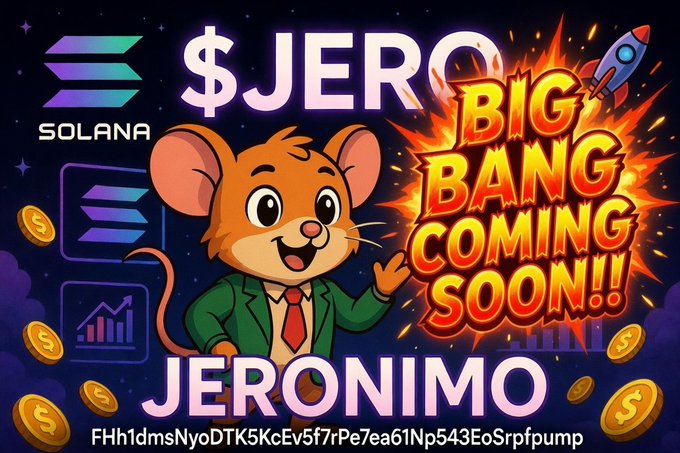 A cartoon mouse in a green suit gestures excitedly beneath the "$JERO" Solana logo, accompanied by "BIG BANG COMING SOON!!" text in fiery yellow lettering and a rocket blasting off into space, with the contract address "FHh1dmsNyoDTK5KcEv5f7rPe7ea61Np543EoSrfpfump" displayed below the name "JERONIMO." The image promotes the $JERO memecoin launch on the Solana blockchain, using dynamic space-themed visuals to reinforce the post's message about its upcoming momentum and community-driven potential.