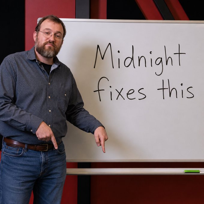 A bearded man wearing glasses and a blue shirt stands beside a whiteboard that reads 'Midnight fixes this' in handwritten text, pointing down at the writing.