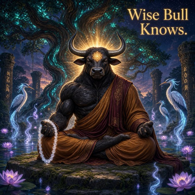 A fantasy illustration titled 'Wise Bull Knows.' depicts a muscular, anthropomorphic black bull with glowing markings, sitting in a meditative lotus pose wearing monk-like robes, surrounded by glowing lotus flowers, cranes, and mystical trees.