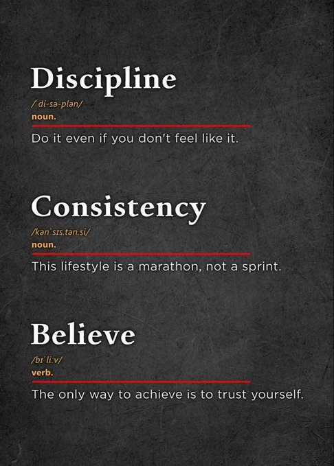 A motivational graphic styled as a dictionary entry, defining the words 'Discipline' ("Do it even if you don't feel like it."), 'Consistency' ("This lifestyle is a marathon, not a sprint."), and 'Believe' ("The only way to achieve is to trust yourself.") on a textured black background.