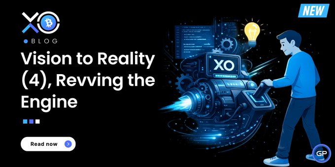 A blog banner graphic titled 'Vision to Reality (4), Revving the Engine' featuring an illustration of a man operating a mechanical engine with code displayed on a monitor, marked with a 'NEW' tag.