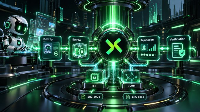 A futuristic green and black digital illustration featuring a robot, a central glowing 'X' logo, and labeled modules including 'Identity', 'Escrow', 'Reputation', 'Verification', 'TEE', 'zKVM', 'ERC-8004', and 'ERC-8183'.
