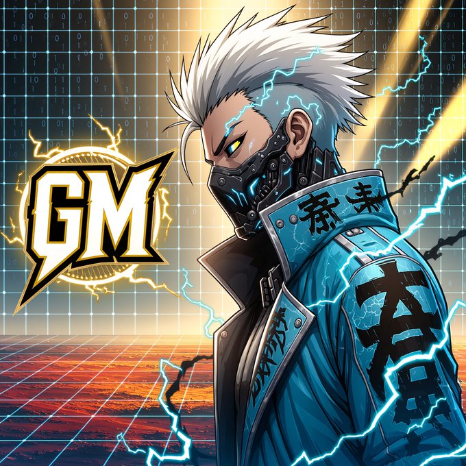 Anime-style illustration of a character with spiky white hair, a mechanical jaw mask, and a blue jacket with Japanese kanji, surrounded by electric arcs and a 'GM' logo on a binary-code background.