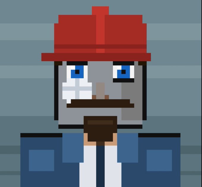 A pixel art portrait of a gray-skinned character with blue eyes, a beard, and a red hat, wearing a blue and white outfit against a striped background.