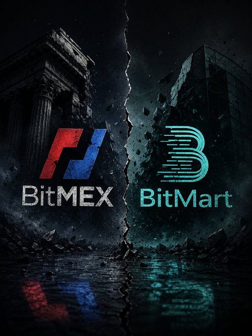 A dramatic split-image graphic showing the logos of cryptocurrency exchanges 'BitMEX' (red/blue) and 'BitMart' (cyan) separated by a cracked background of two buildings.