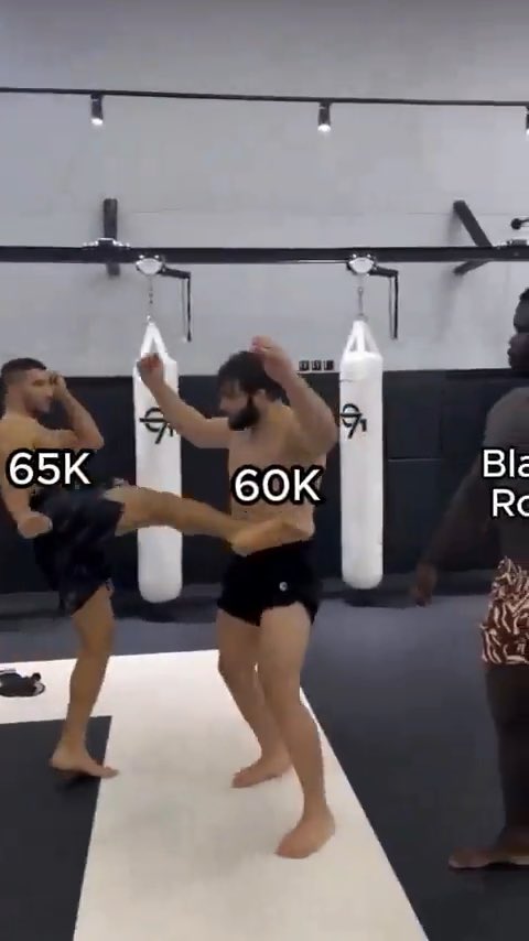 The image shows three men in a martial arts gym training with punching bags, each labeled with text overlays: "65K" on the left, "60K" on the man performing a high kick in the center, and partially visible "Bla... Ro..." (likely "BlackRock") on the right. This visually humorously represents Bitcoin ($BTC) being "kicked" down from $65K to $60K, with BlackRock standing by, matching the post's caption about BTC retracing to $65k.