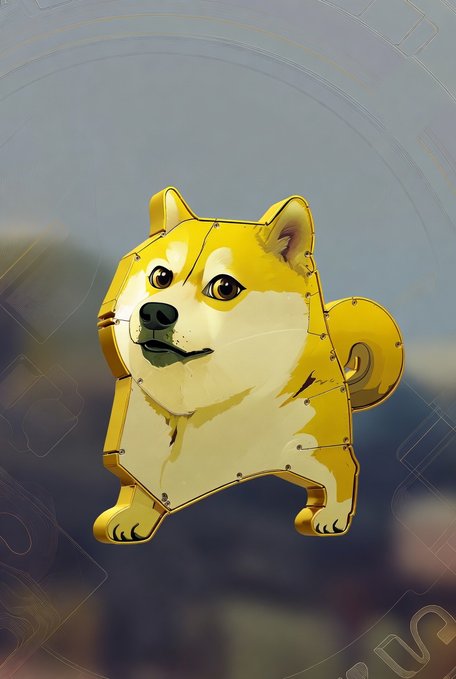 A 3D-rendered golden Dogecoin (Doge) Shiba Inu coin/mascot figure with a metallic finish displayed against a blurred background.
