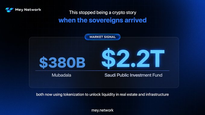 The image is a Mey Network market signal graphic stating "This stopped being a crypto story when the sovereigns arrived," highlighting Mubadala's $380B and the Saudi Public Investment Fund's $2.2T as both funds now use tokenization to unlock liquidity in real estate and infrastructure. It visually reinforces the post's central message that sovereign wealth funds adopting tokenization signals a shift beyond a niche crypto trend.