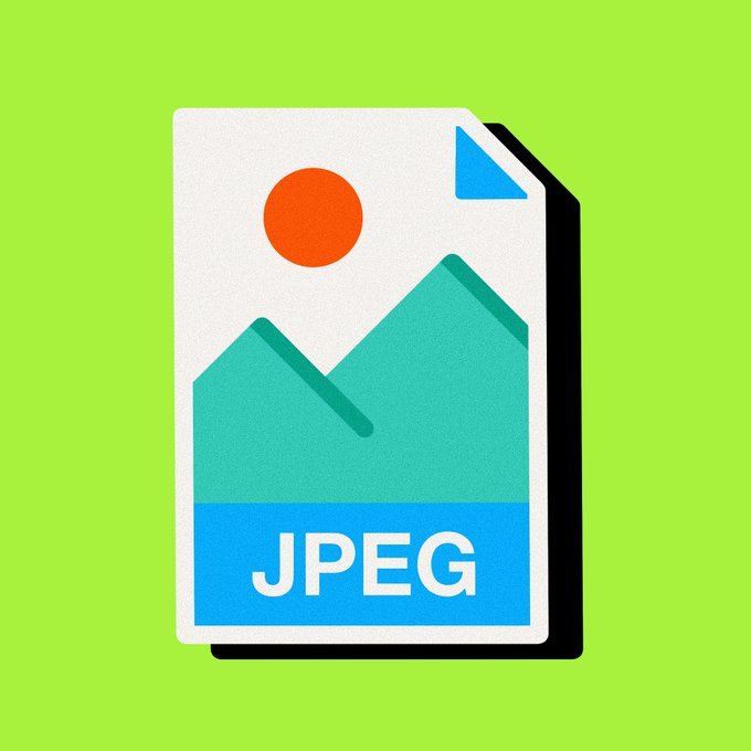 An illustration of a JPEG file icon with a mountain and sun graphic on a green background, with the word 'JPEG' written at the bottom.