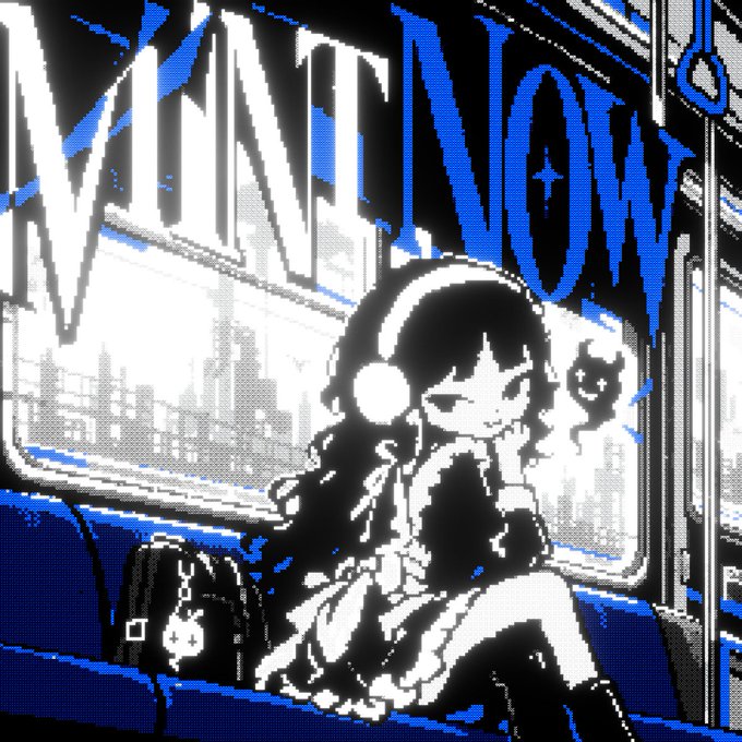 A pixel art illustration shows a maid sitting on a train with a city skyline visible through the window, accompanied by a small black cat and a school backpack, while the bold text "MINT NOW" is displayed prominently at the top. The image directly promotes the upcoming mint reveal mentioned in the post, using the maid aesthetic as a thematic teaser for the BitMaids NFT collection.