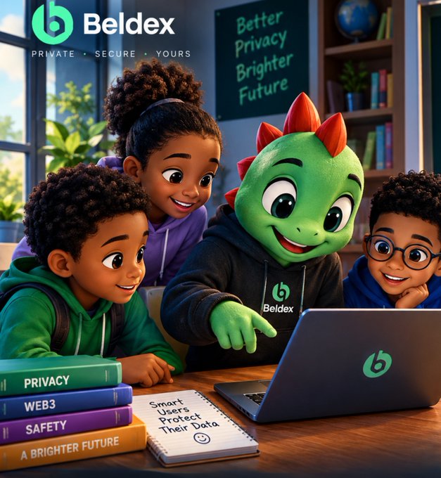 Promotional illustration for "Beldex" featuring a green dinosaur mascot with children around a laptop, with text "PRIVATE • SECURE • YOURS" and "Better Privacy Brighter Future."