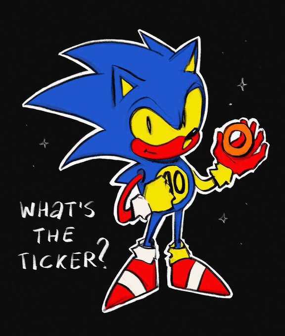 A stylized cartoon of Sonic the Hedgehog holding a red and orange disc, with the text 'WHAT'S THE TICKER?' written beside him on a black background.