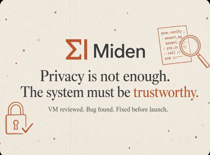 A graphic displays the 'Σl Miden' logo with the tagline 'Privacy is not enough. The system must be trustworthy,' alongside a lock icon and code snippet.