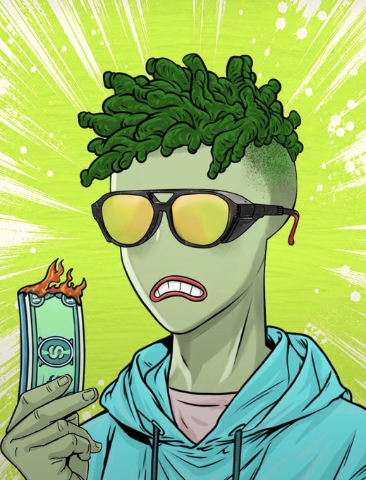 A green-skinned character with dreadlocks and yellow-tinted sunglasses grimaces while holding a burning bill featuring an "S" logo, which ties into the tweet announcing a free mint whitelist giveaway requiring users to comment with their EVM wallet address for a chance to win.