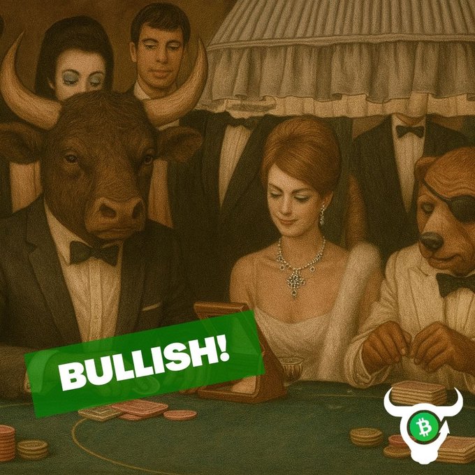 A vintage-style illustration shows anthropomorphic animals in tuxedos and humans gathered around a green casino table, with a "BULLISH!" banner and a Bitcoin Cash (BCH) logo overlaid, symbolizing the post's message that BCH maintains an upward trend even during market downturns.