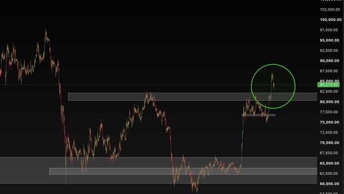 A financial chart showing Bitcoin's price action with a green circle highlighting recent price movement around the $85,000 level.