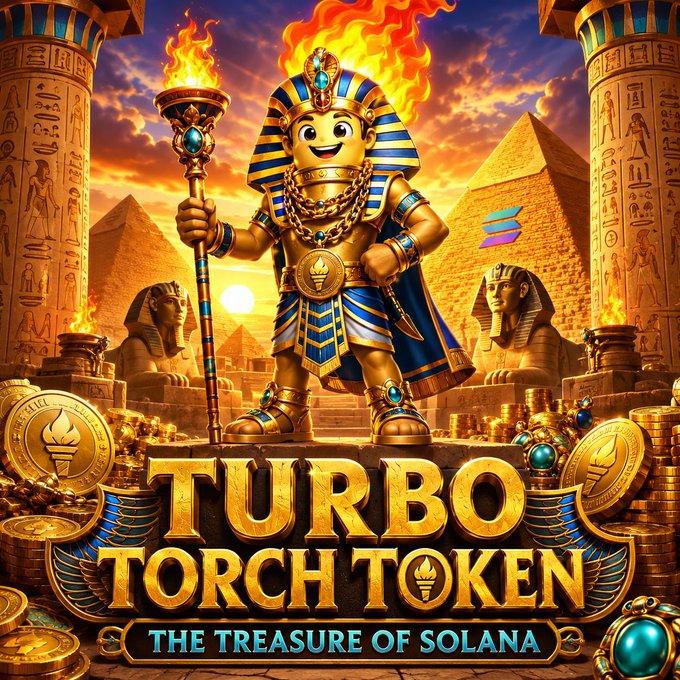 A vibrant promotional graphic for 'TURBO TORCH TOKEN - THE TREASURE OF SOLANA' featuring a cartoon pharaoh character holding a flaming torch, with pyramids and Egyptian imagery in the background and the Solana logo visible.
