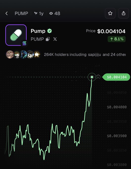A mobile screenshot showing the PUMP cryptocurrency token priced at $0.004104, up 8.1% over a 1-year chart, with 264K holders including sapijju and 24 others, directly visualizing the post's claim of an 8.1% gain.