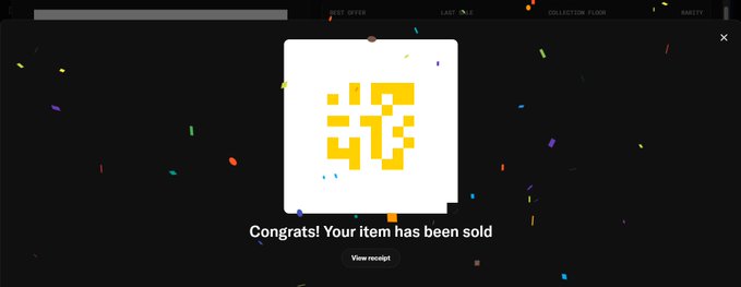 A dark screen with confetti effects displaying a white square with a yellow pixelated logo and the text 'Congrats! Your item has been sold' with a 'View receipt' button.