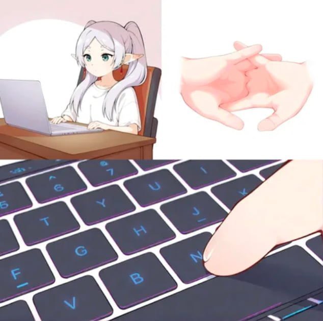A young elf girl works on a laptop beside an image of hands forming a heart shape, paired with a close-up view of a finger pressing the "N" key on a backlit keyboard.