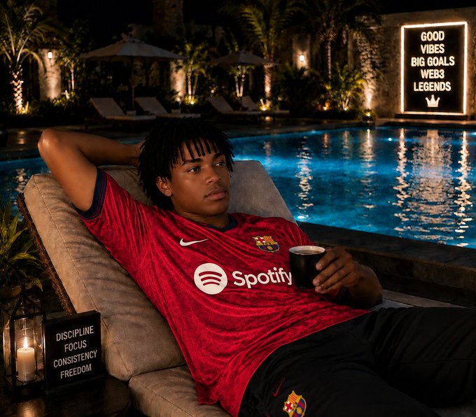 A young man lounging by a pool at night wearing a red and blue FC Barcelona jersey with the Spotify logo, surrounded by motivational signs reading 'DISCIPLINE FOCUS CONSISTENCY FREEDOM' and 'GOOD VIBES BIG GOALS WEB3 LEGENDS'.