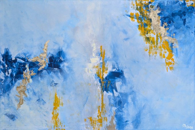 An abstract painting in shades of blue, white, and gold with textured brushstrokes, signed 'MS 2026' in the bottom right corner.