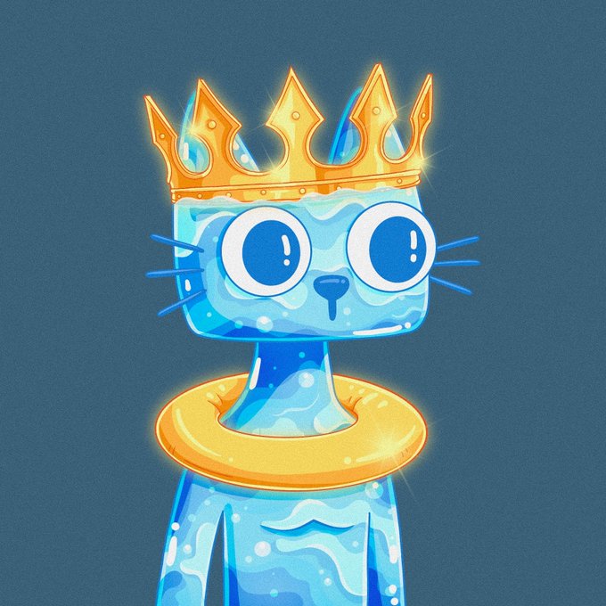 An illustration of a blue, liquid-like cartoon cat character wearing a golden crown, set against a teal background.
