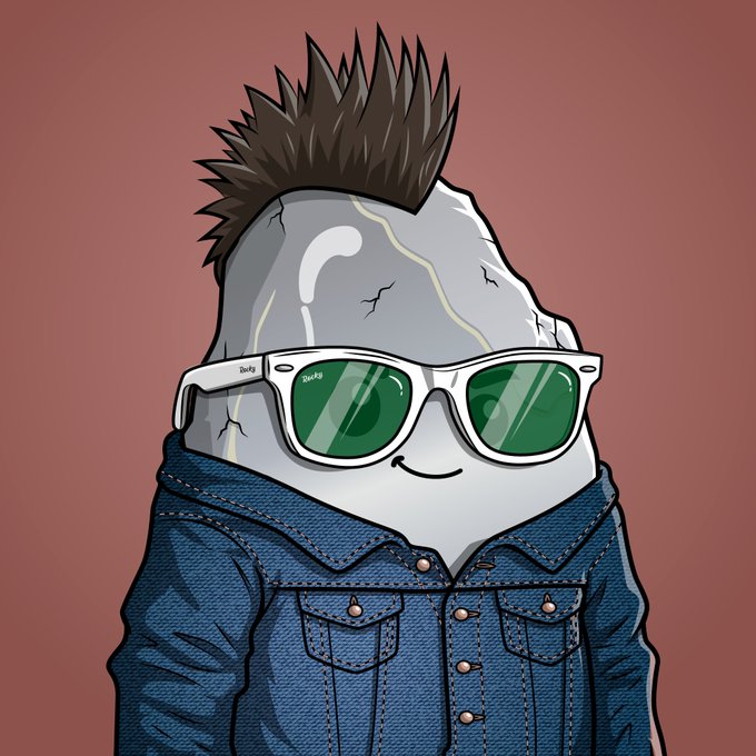 A cartoon illustration of a cool, anthropomorphic rock character with a spiky mohawk hairstyle, wearing green-tinted sunglasses and a blue denim jacket against a reddish-brown background.