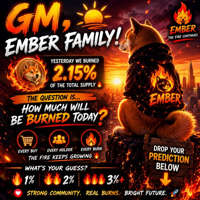 The image shows a dog wearing an ember costume sitting at the top of a cliff, with a city skyline visible below as the sun sets. Below the dog, there are statistics related to Ember Fire, including information about how much has been burned in the past and what will be burned today. These statistics suggest that the dog is playing a role in predicting future events for the company. The text above the image reads "GM, Ember Family!. How much will be burned today? 2.15%. Every buy. Every holder. Every burn. The fire keeps growing."