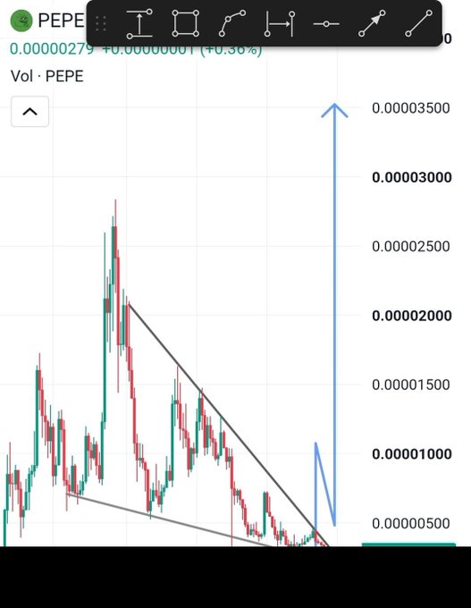 A PEPE/USDT price chart shows the token trading at approximately $0.00000279 with a +0.36% change, featuring a descending wedge pattern and a blue arrow projecting a potential breakout toward $0.000003500, visually supporting the post's claim of a massive bull run with 100x–300x upside potential.