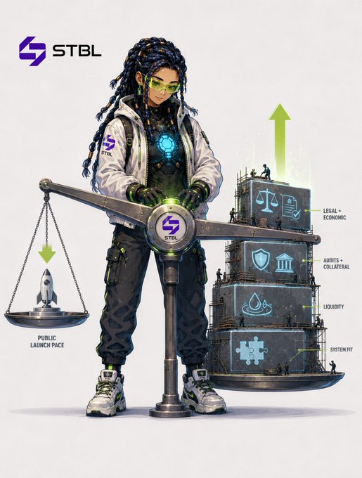 A stylized illustration featuring a character with the STBL logo, standing beside a balance scale that weighs a rocket labeled 'PUBLIC LAUNCH PACE' against a stack of blocks labeled 'LEGAL + ECONOMIC', 'AUDITS + COLLATERAL', 'LIQUIDITY', and 'SYSTEM FIT'.