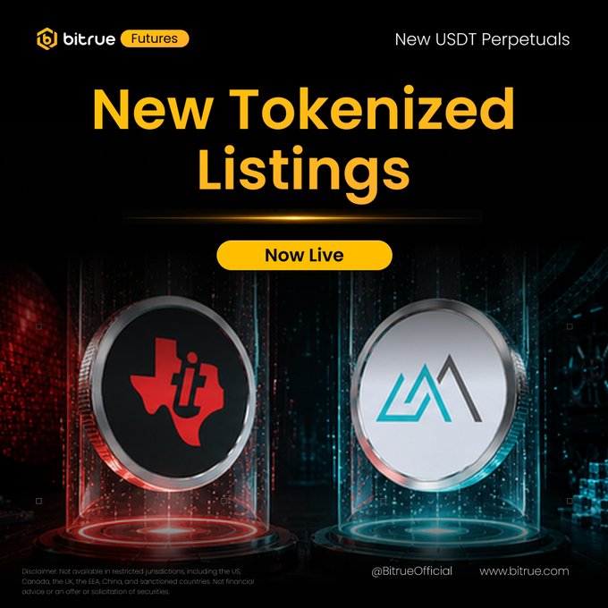 A Bitrue Futures promotional banner announcing "New Tokenized Listings" now live, featuring two tokenized coin graphics—one styled after Texas with "iit" branding and another displaying a mountain logo—against a digital matrix-style background, promoting $TXNUSDT and $NVDLUSDT perpetual futures trading with up to 20× leverage.