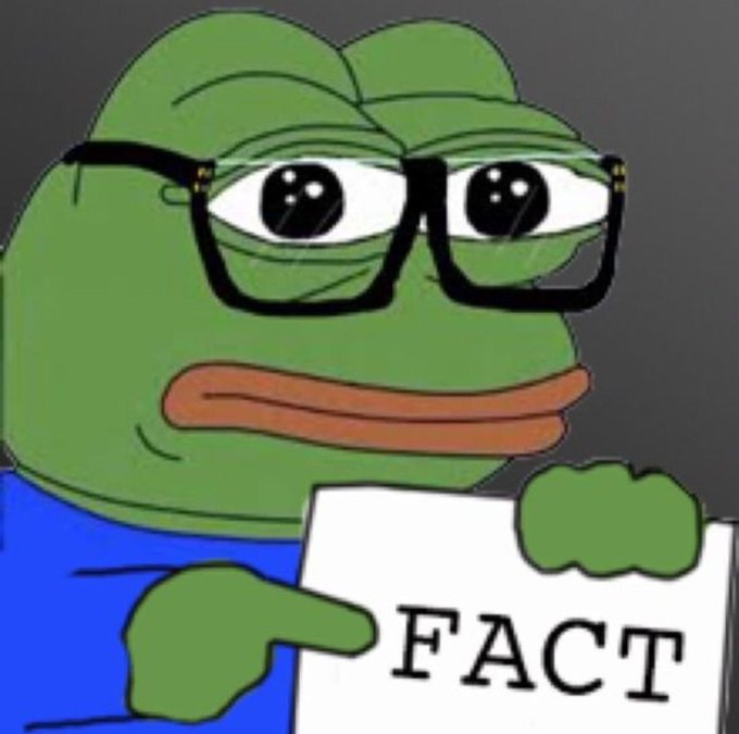 A cartoon green frog wearing black-rimmed glasses holds a paper sign reading 'FACT'.