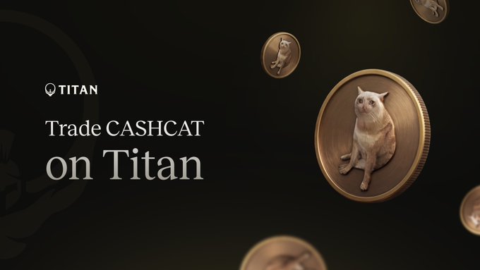 Gold coins featuring cat illustrations float against a dark background, with the Titan logo and text reading "Trade CASHCAT on Titan" prominently displayed—visually reinforcing the announcement that CASHCAT is now live on the Titan trading platform.