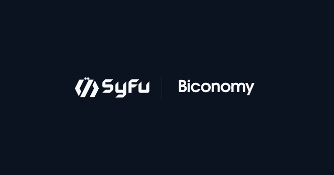 The SyFu and Bconomy logos are shown side-by-side in white text on a dark blue background.