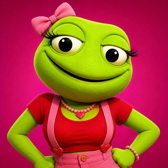 A 3D-rendered green frog character with long eyelashes, a pink bow on her head, and a beaded necklace, wearing a red top and pink overalls with heart-shaped buttons against a bright pink background.