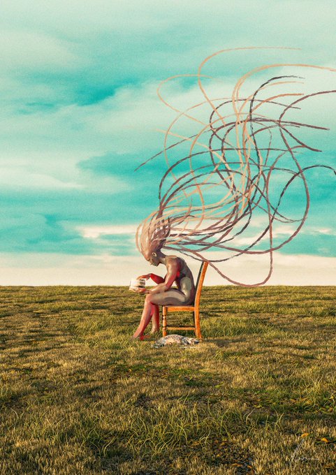 A surreal digital artwork shows an alien-like figure seated on a wooden chair in a grassy field, with long flowing tendrils extending from its head into the sky as it reads a book.
