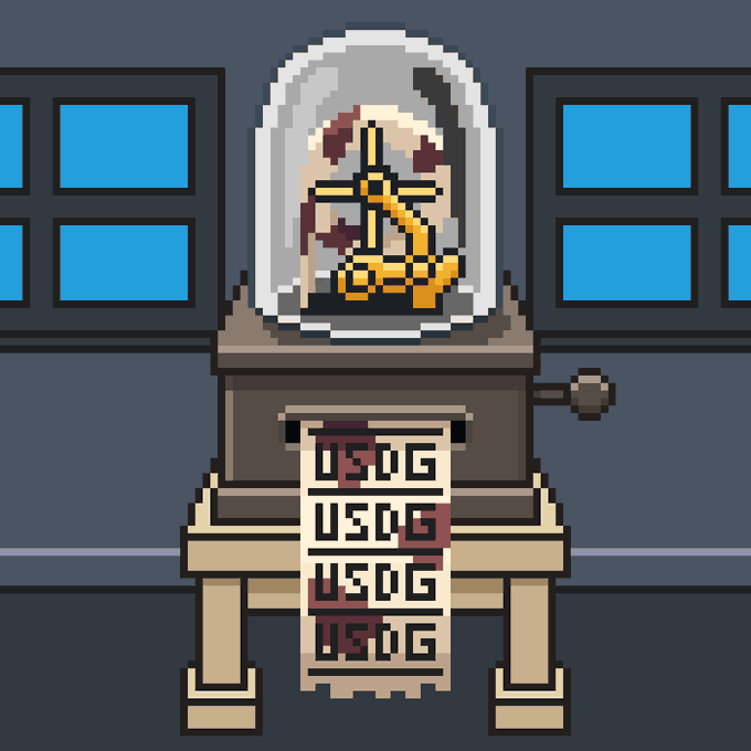 A pixel art image showing a deceased skeletal figure behind a glass dome atop a wooden contraption, with a stock ticker reading "USDC" through the glass, accompanied by text launching the "Stock Ticker" collection on OpenSea with 3333 tokenized assets.