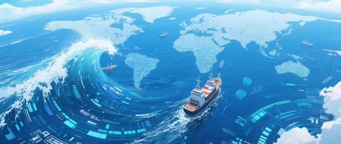 Futuristic digital illustration of a globe rendered as ocean waves with cargo ships sailing on the surface, featuring holographic tech overlays and data streams.