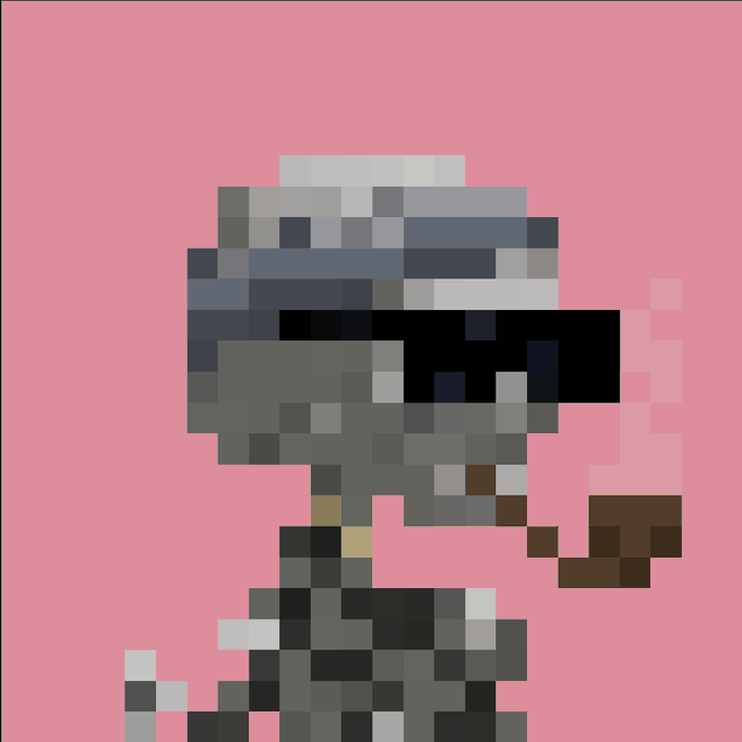 A heavily pixelated image depicts a figure wearing a wide-brimmed hat, dark sunglasses, and holding a smoking pipe against a solid pink background.
