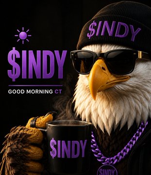 A 3D-rendered anthropomorphic eagle wearing sunglasses, a black beanie with "$INDY" written on it, and a purple chain, while holding a steaming black mug that also reads "$INDY," with "$INDY GOOD MORNING CT" text displayed.