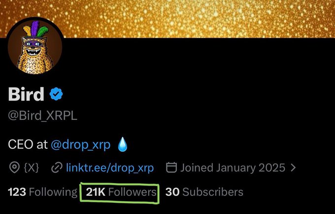 The image shows the X profile of "Bird" (@Bird_XRPL), CEO of @drop_xrp, highlighting their newly reached **21K followers** milestone (circled in green), which corresponds with the post celebrating this achievement alongside the Bird community in just six months since joining in January 2025.