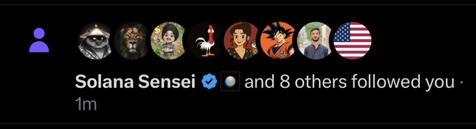 A dark-themed Instagram notification shows that the verified account "Solana Sensei" (with a blue checkmark) and 8 others have followed the user, with the post's caption "Guess I did something meaningful for Solana or web3. Big respect bro!" suggesting the user feels honored to receive a follow from a prominent figure in the Solana/crypto community.