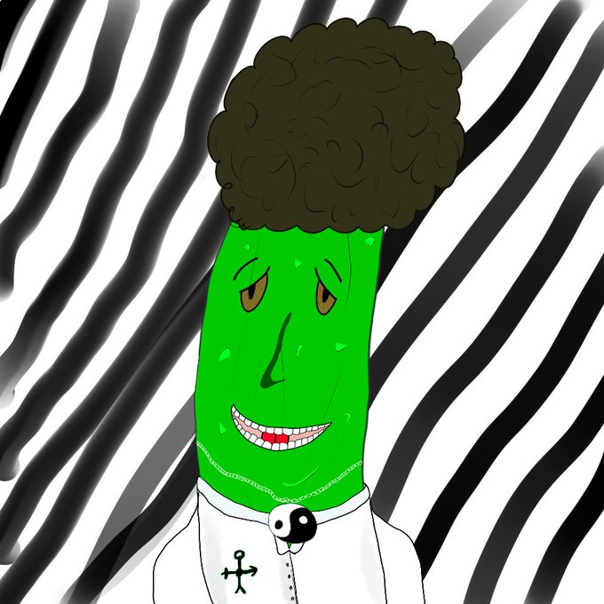 An illustration depicts a green cucumber character with an afro, wearing a white robe with a yin-yang pendant and cross necklace, set against a black and white zebra-striped background.